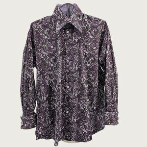 AXXESS Purple Dress Shirt Mens Medium Paisley with Rhinestone Cufflinks